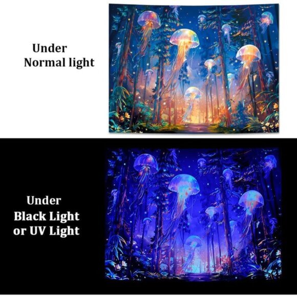 New UV Reactive Blacklight Forest Jellyfish Starry Sky Nature Tapestry, Wall Art